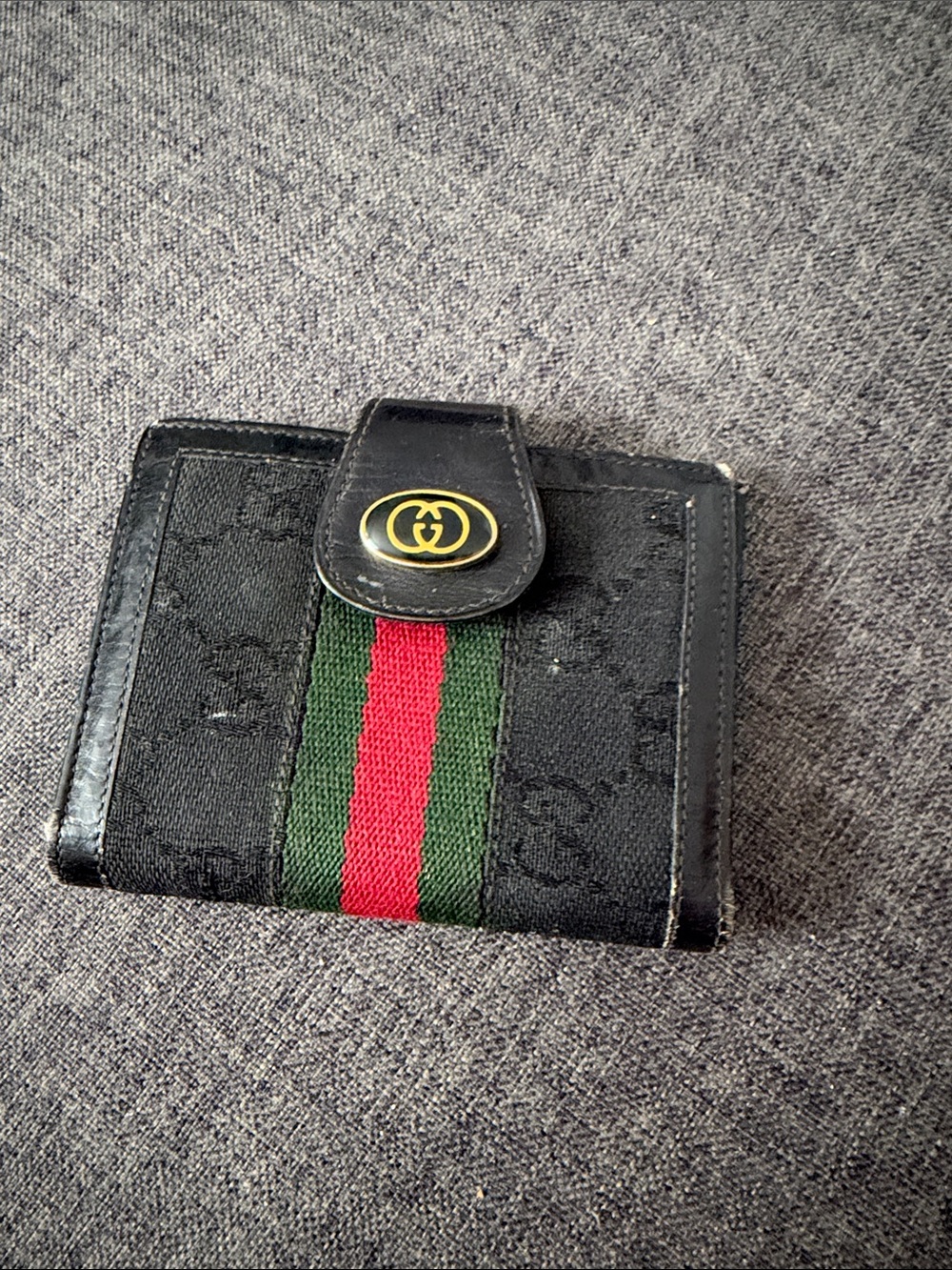 Gucci Black Canvas Card Holder Wallet with Green-Red Web Stripe